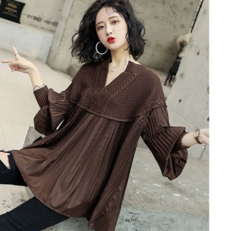 Fashion Women's Sweater Korean Oversized Tops Latern Sleeve Pleated Sweaters Patchwork V Neck Elegant Pullovers Clothes