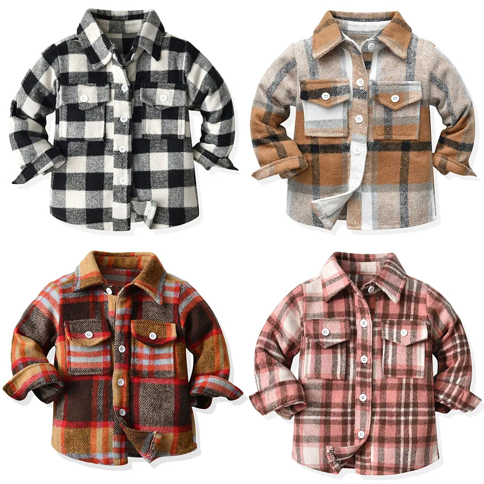 

Рубашки для мальчиков и девочек, детская повседневная куртка, детские клетчатые корейские топы, детские футболки с карманами на весну и осе...