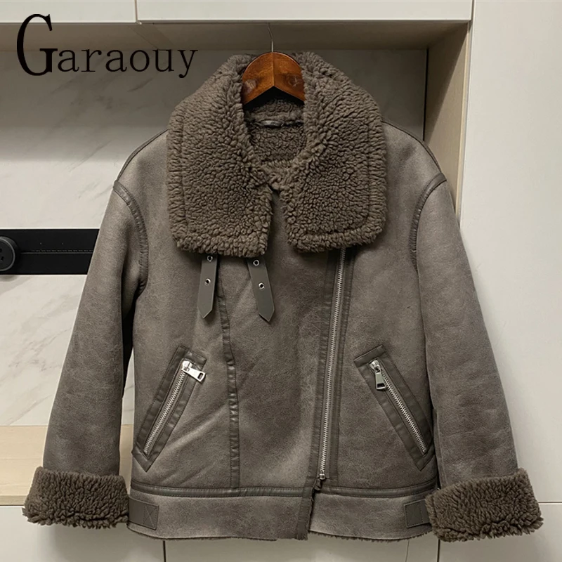 

Garaouy 2023 Winter Retro Women Thick Fleece Faux Leather Coats Female Casual Loose Warm Biker Jacket High Quality Outwear Mujer