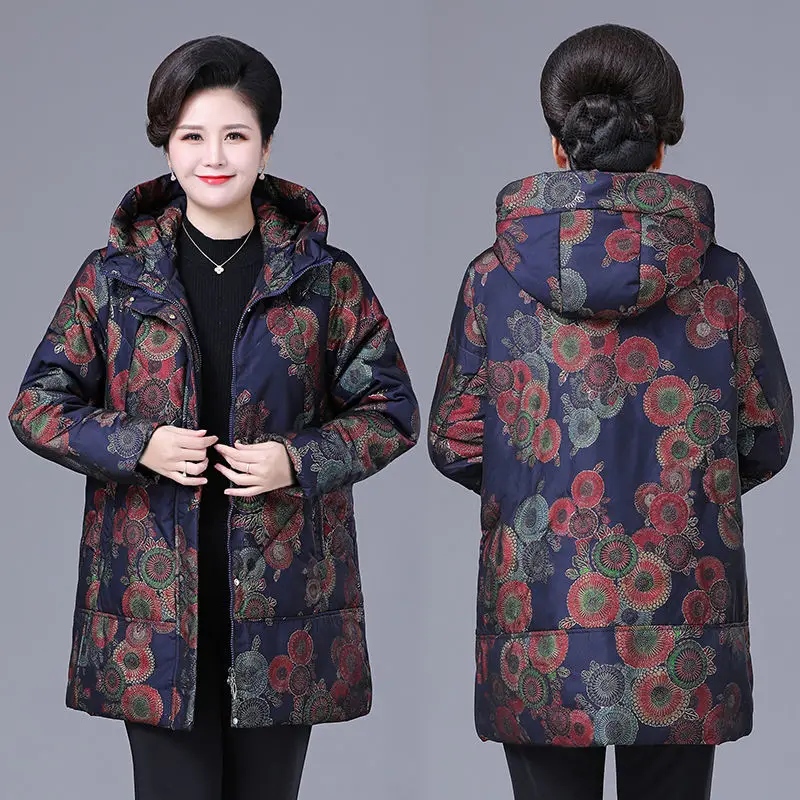 Middle-Aged Women Parkas 2022 Winter Cotton Padded Warm Jackets Female Hooded Print Overcoats Outerwear Mother Warm Coats F75