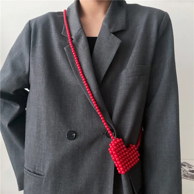 Handmade Mini Heart Shape Beads Women Crossbody Bags Delicate Purse for Girls High Quality Handbag Purse Pouch Red Black Green