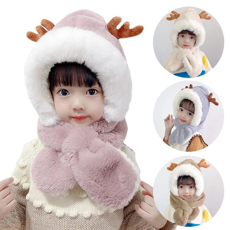 

Deer Antlers Warm Windproof Cap For Girls Cute Children Warm Hats Scarf Set Soft Plush Beanies Winter Protect Neck Baby Girl Cap