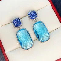 new luxury sea blue rectangle crystal drop earrings for women shine cz stone inlay fashion jewelry wedding party gift earring