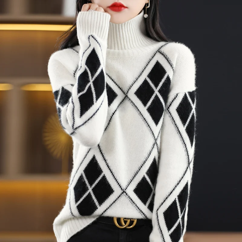 New Autumn And Winter Women's Turtleneck Thickened Diamond Jacquard Pullover Wool Sweater Loose Fashion Knitted Sweater