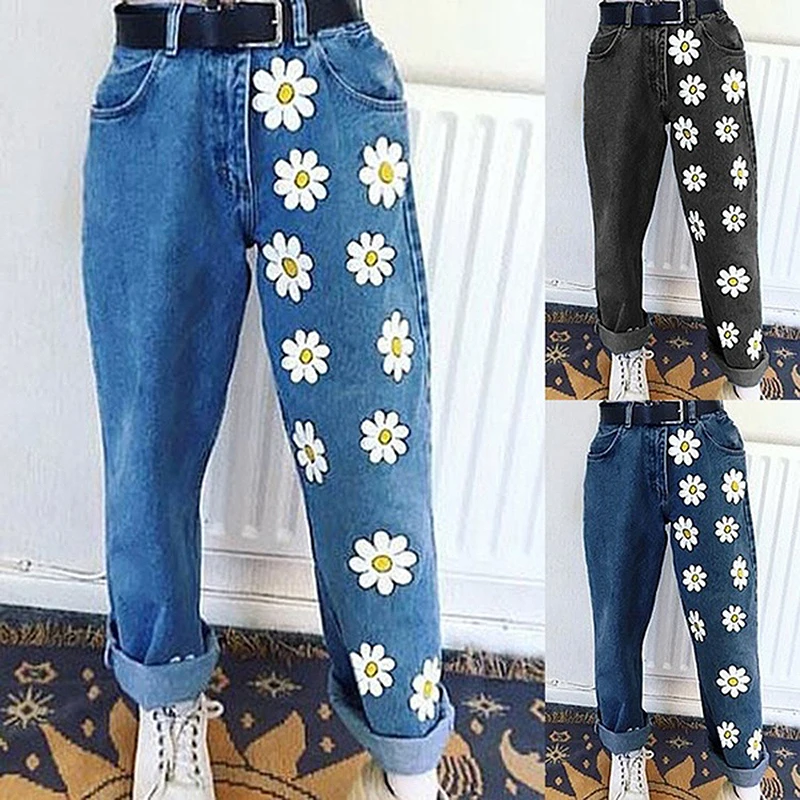 

2021 New Flowers Fresh and Fresh Blue Denim Women's Solid Y2k Jeans European and American Indie Printed Thin Jeans Casual Pants