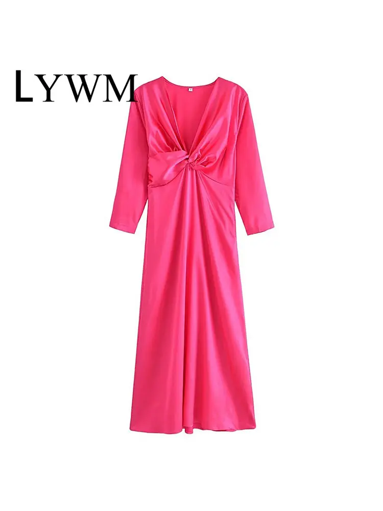 

LYWM Women Fashion Solid Midi Dress With knotted Vintage Side Zipper V-Neck Long Sleeves Female Chic Lady Dresses