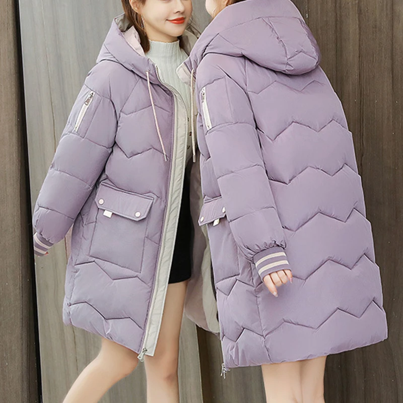 New Winter Solid Color Women's Hooded Bread Service Jackets Warm Cotton Padded Parka For Women Outwear Down Thick Coats Female