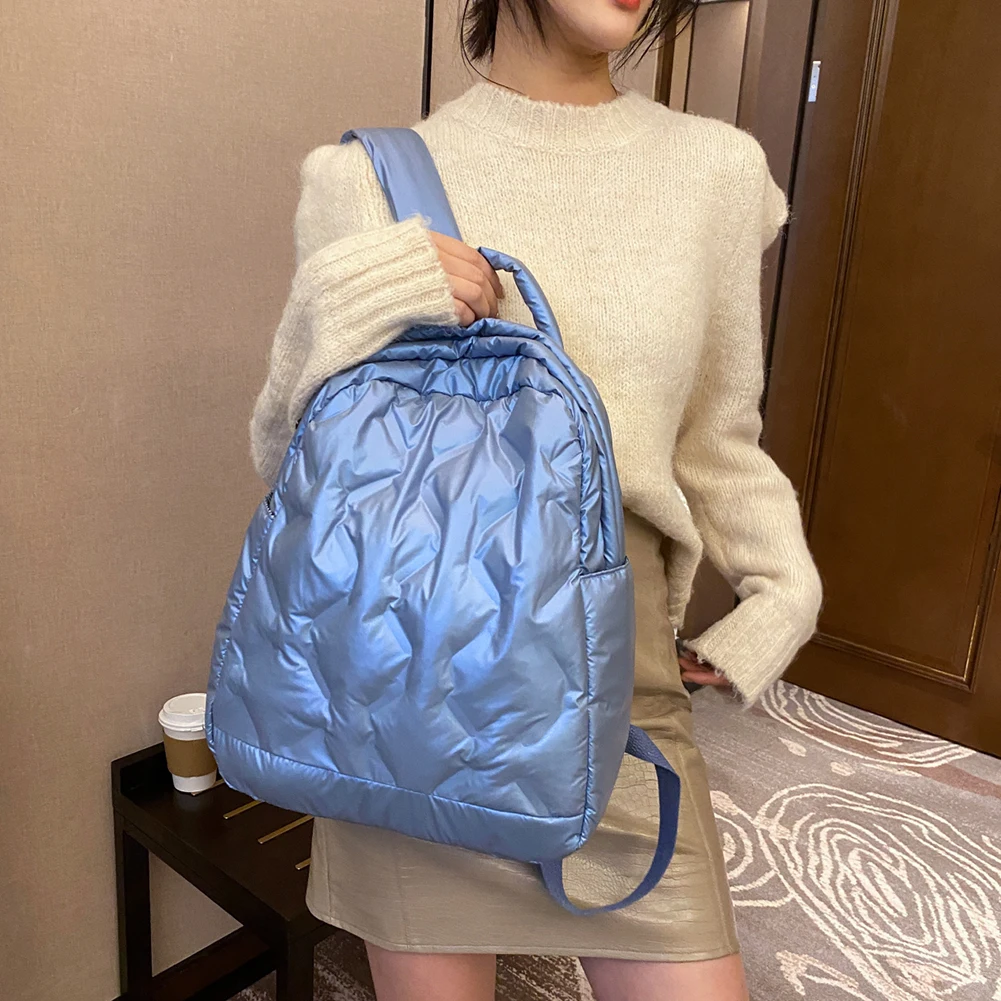 

Ladies Nylon Padded Bags Multi-Pockets Winter Quilted Rucksack Women Backpack Cotton Space Fluffy Backpacks Girls School Bag