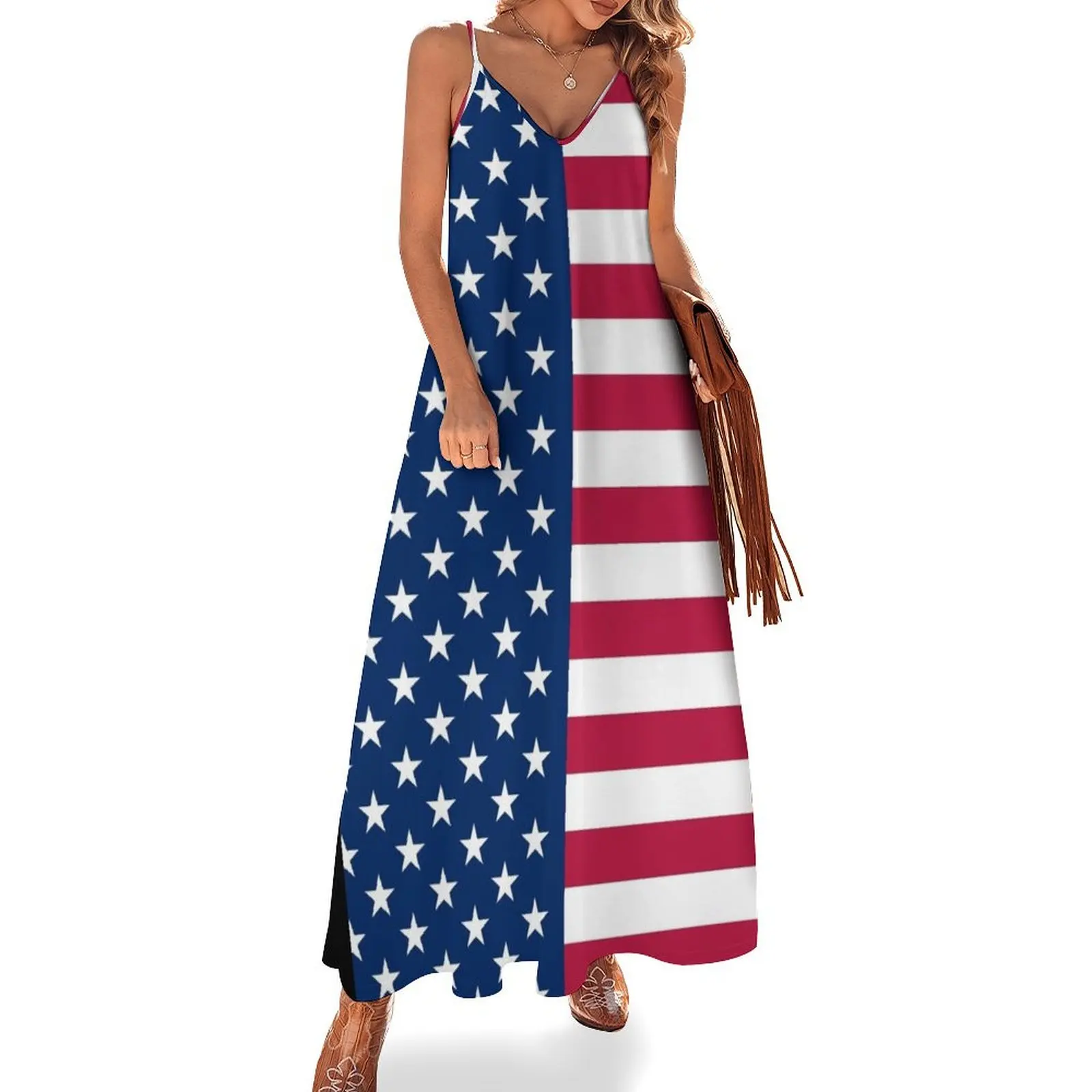 Флаг США - Длинное платье без рукавов со звездами и полосками женские элегантные