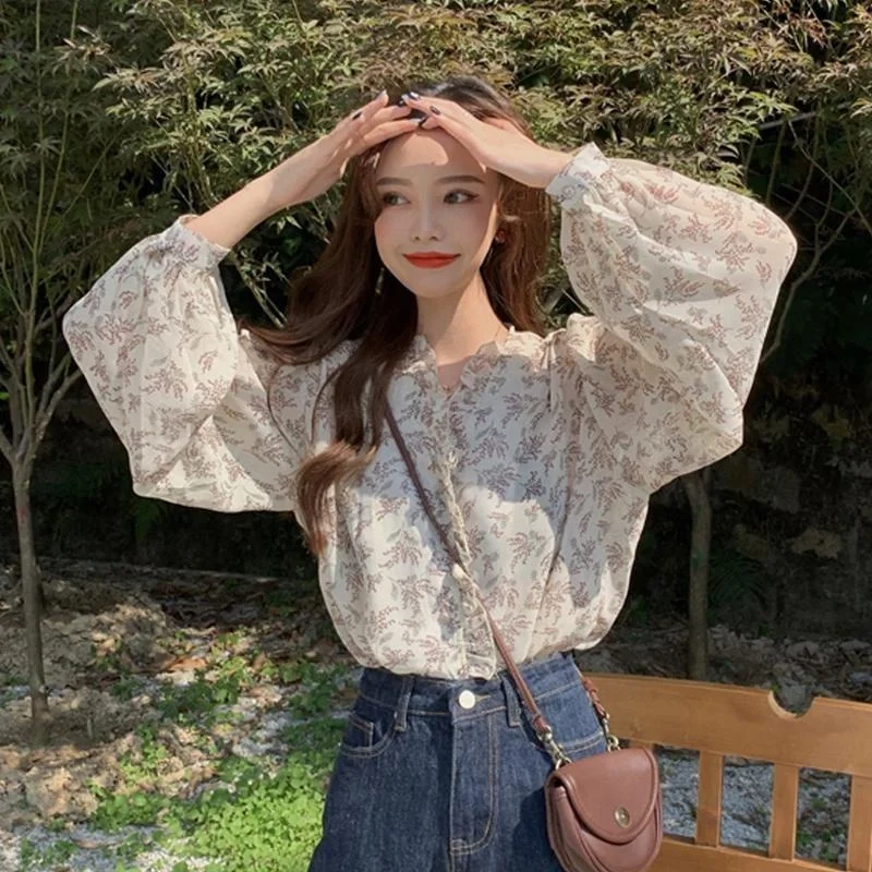

Floral Chiffon Shirt Women's Spring and Summer 2023 Korean Version of The Small Shirt Casual Design Long-sleeved Bottoming Top