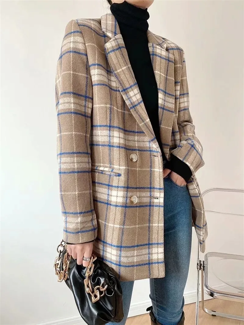 Plaid Blazer Suit Women Contrast Colors Casual Commute Mid Length Office Blazers Double Breasted Woolen Coats 2021 New Fashion
