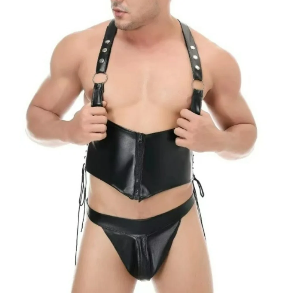 Men's Sexy PU Leather Lace Up Tank Top and G-string Pants Set Tight Jumpsuit Emotional Party Night Club Wear Temptation Clothing