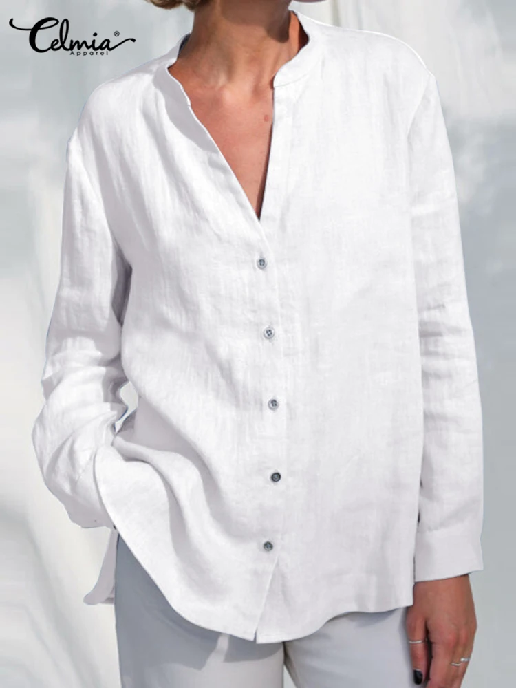 

Простые хлопковые рубашки Celmia, Женская длинная туника на пуговицах с длинным рукавом, простые элегантные повседневные топы с V-образным выр...