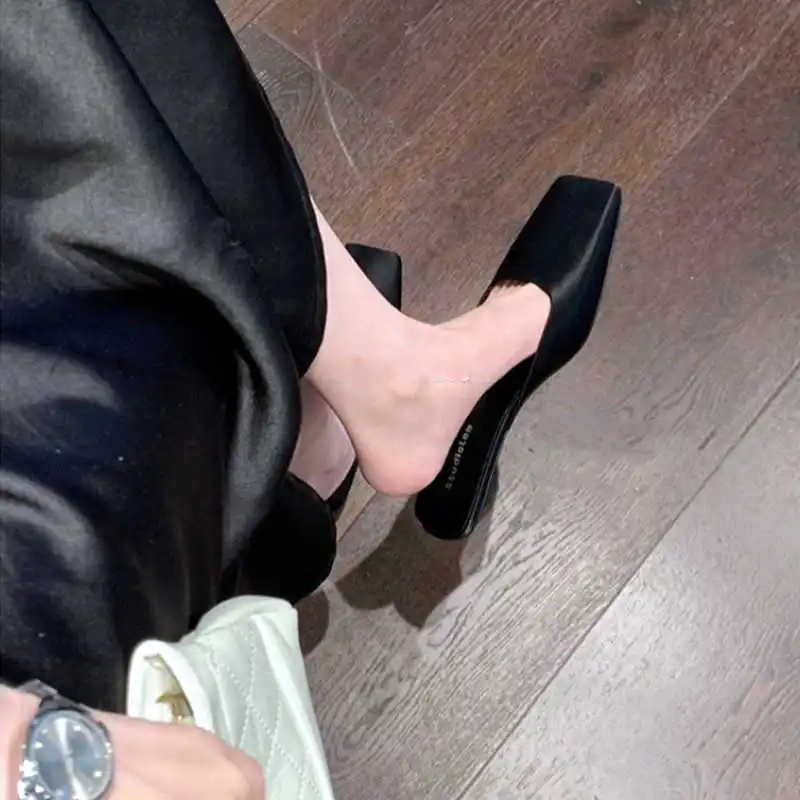 Мюли женские атласные элегантные сандалии на низком каблуке квадратный носок