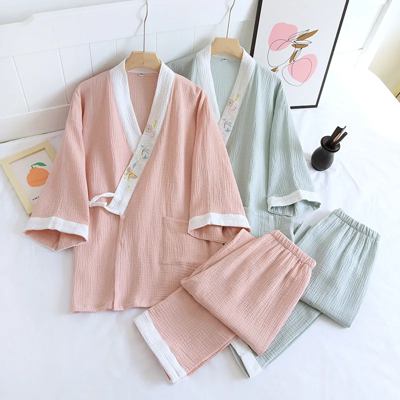 

Japanese Kimono Pajamas Women 100% Cotton Gauze Pajama Set V-Neck Three Quarter Solid Sleepwear Plus Size Two Piece Set Summer