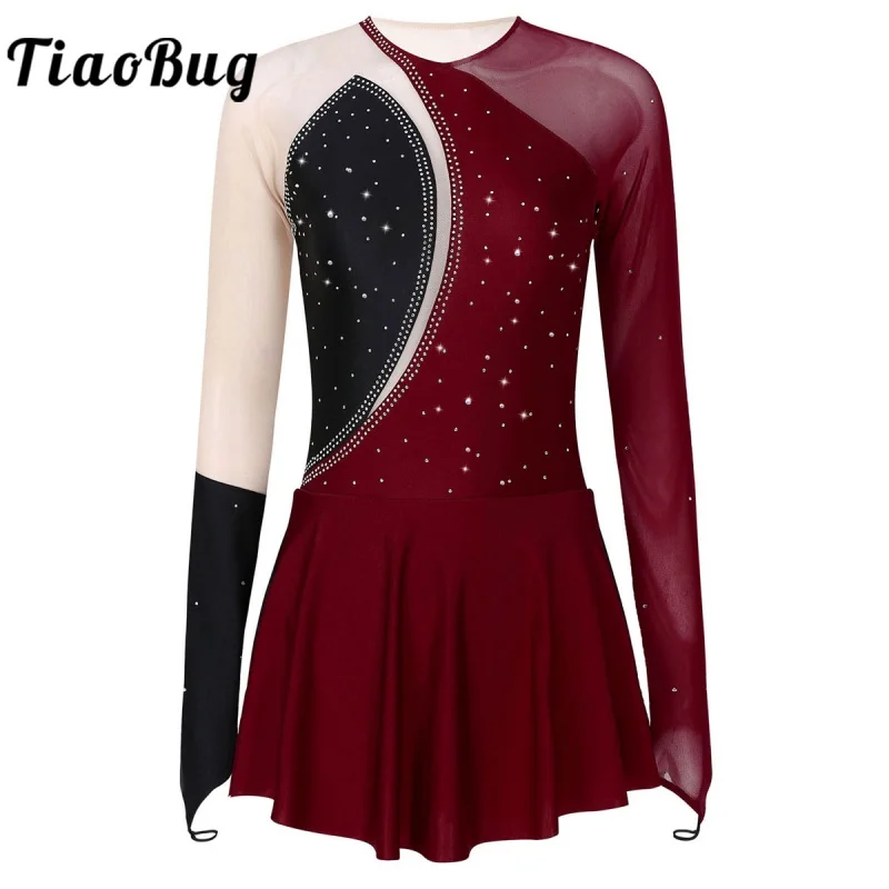 

Women Figure Skating Dress Mock Neck Rhinestone Leotard Gymnastics Tulle Dress Ballet Dance Bodysuit Show Costume
