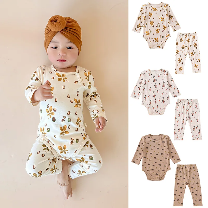 2023 Newborn Baby Boy Girl Romper Print Cotton Long Sleeve Spring Autumn Bodysuit Matching Pants Infant Clothes 3-24M