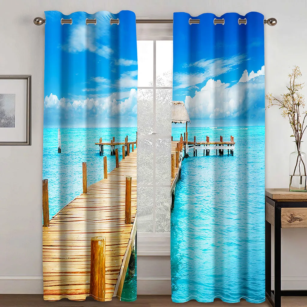 

3D Printed Natural Ocean Scenery Sky Blue Polyester Sunshade Window Curtain Panels for Living Room Bedroom Decoration