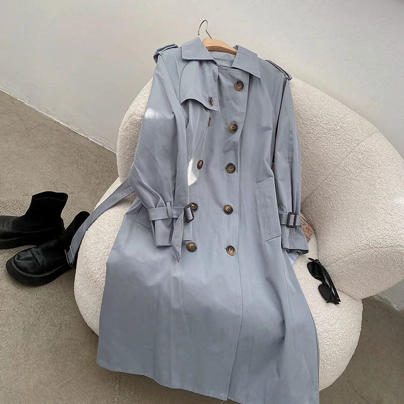 

Vintage Solid Turn-down Collar Double-breasted Windbreaker Coat Women Autumn Winter Korean Elegant Lace-up Casual Trench Jacket