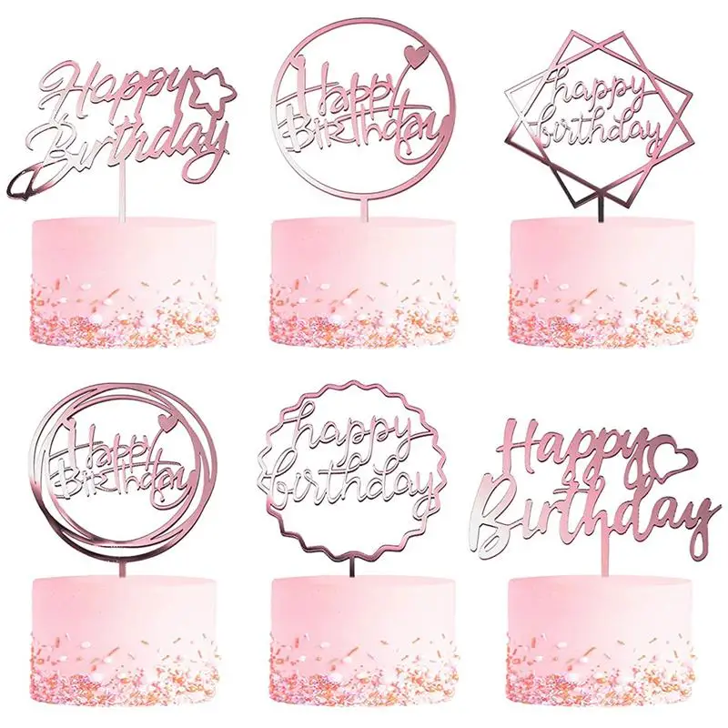 

6Pcs Rose Gold Happy Birthday Acrylic Cake Topper Adult And Children's Happy Birthday Party Baby Gifts Party Dessert Cupcake Top