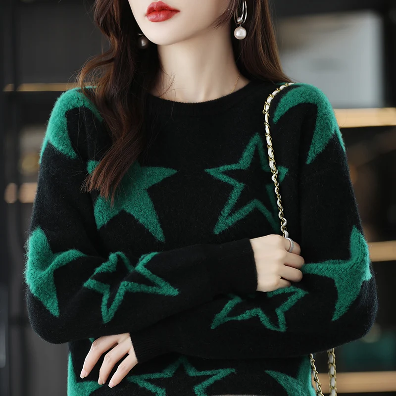 

100% Australian Wool Pullover 2023 Autumn and Winter Warm Fashion New Knitting Sweater Women's Romantic Star Cashmere Top