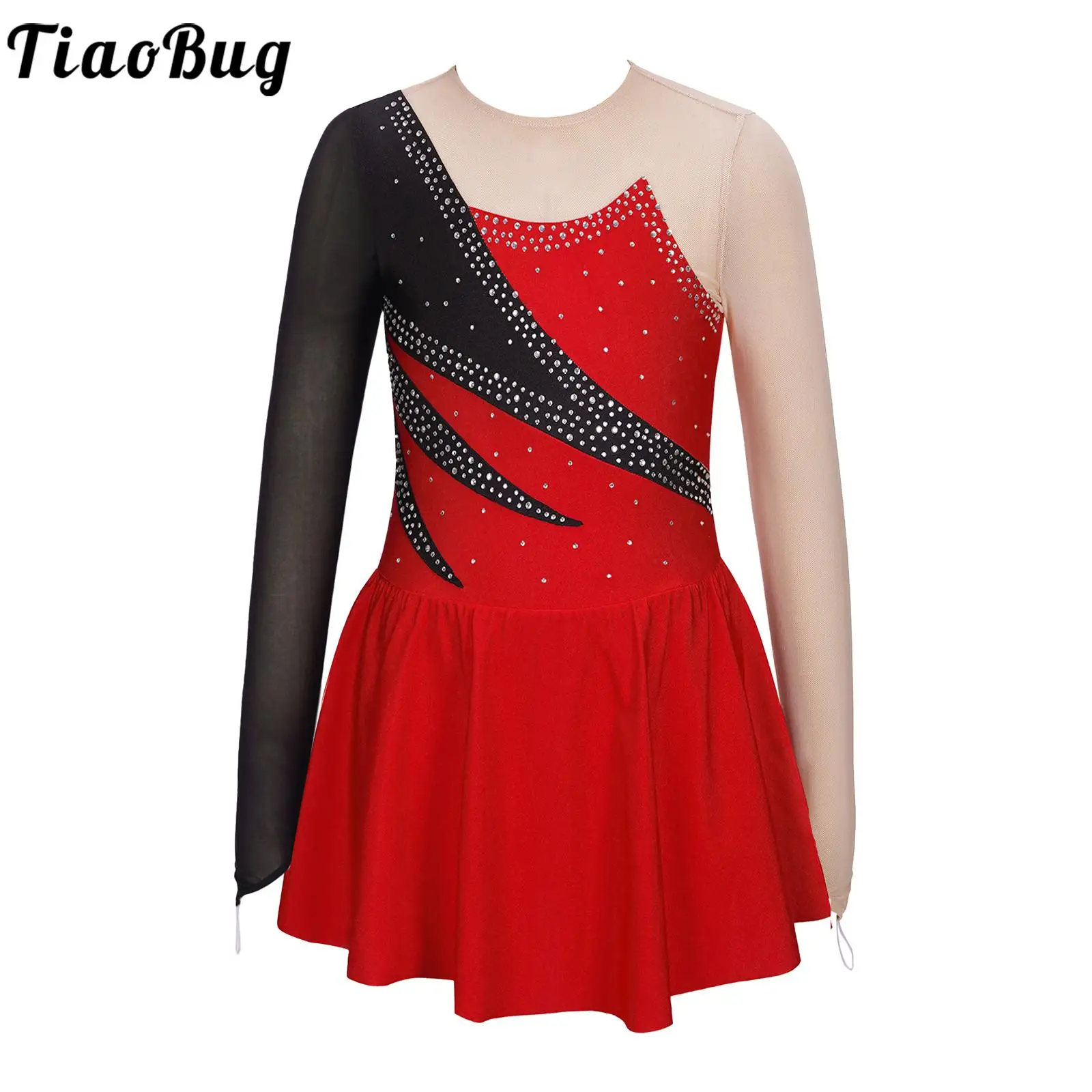 

Kids Girls Long Sleeve Round Neck Rhinestone Keyhole Back Leotard Dress Figure Skating Ballet Modern Dance Jumpsuit Costume