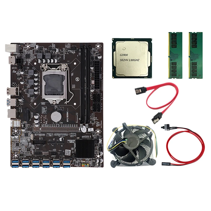 

B250C Mining Motherboard with G3900 CPU+2X8G DDR4 RAM+Cooling Fan+Switch Cable+SATA Cable 12 USB3.0 Slot LGA1151 SATA3.0