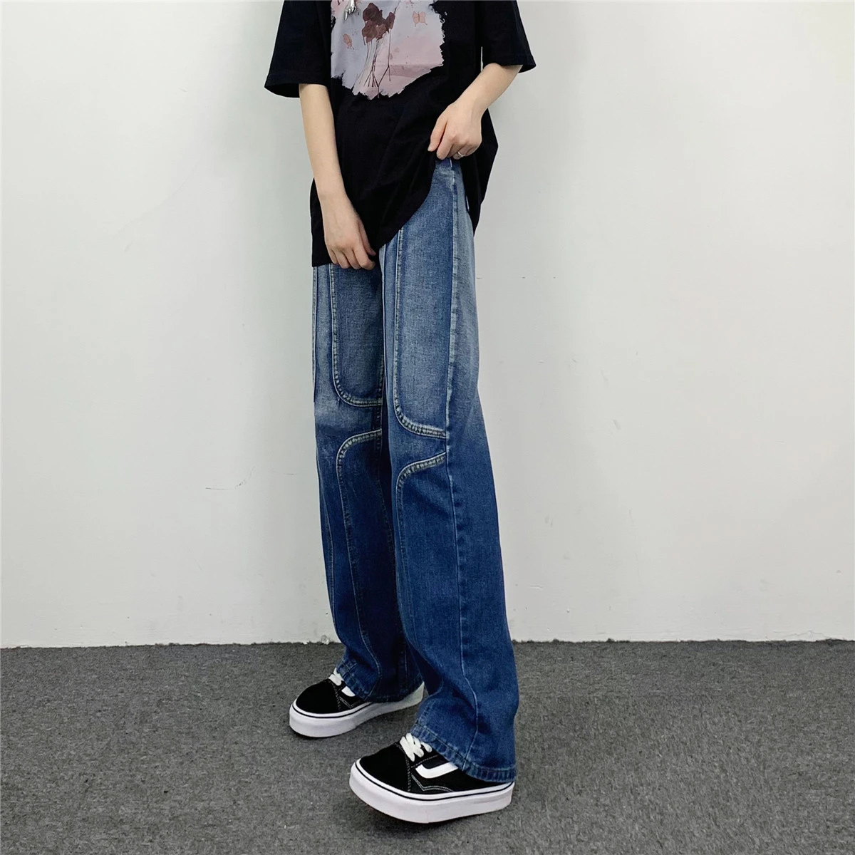 Men's Jeans Gradient Topline Straight Fit Men's and Women's Hip Hop Y2k Pants Streetwear High Quality Workwear Men Jeans Spliced