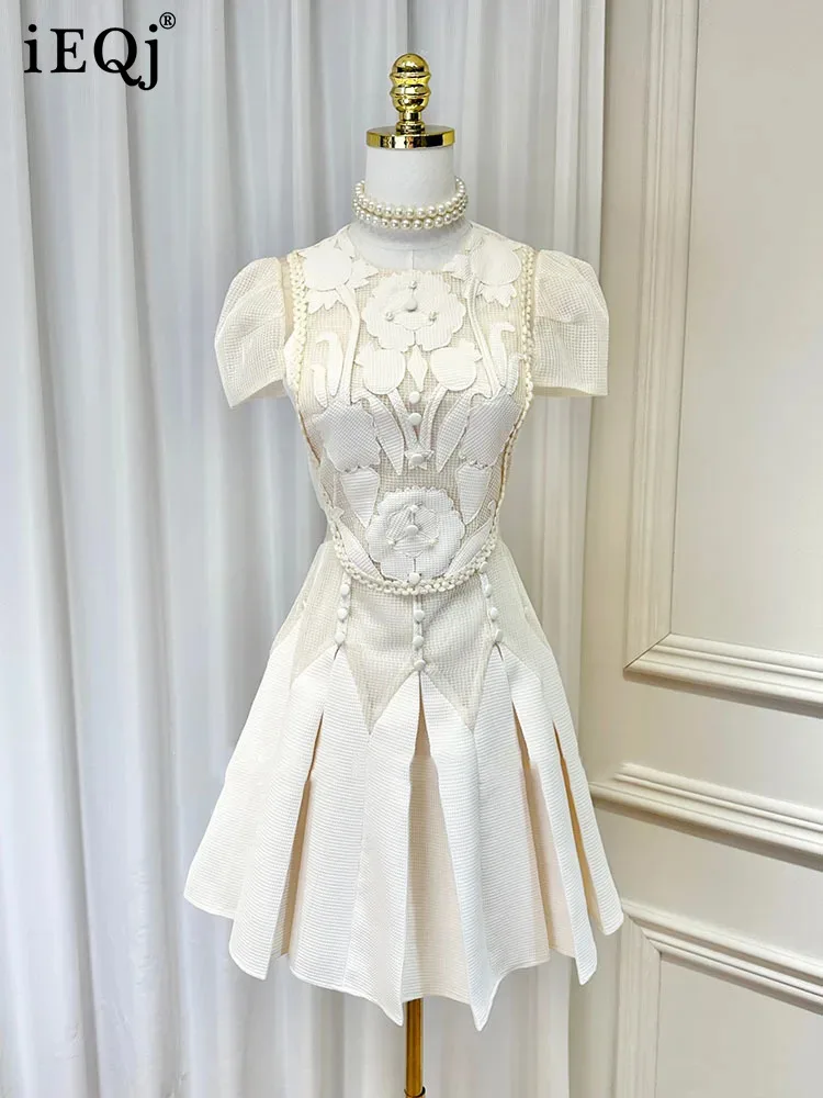 IEQJ однотонные платья с 3D цветами для женщин круглым вырезом коротким рукавом