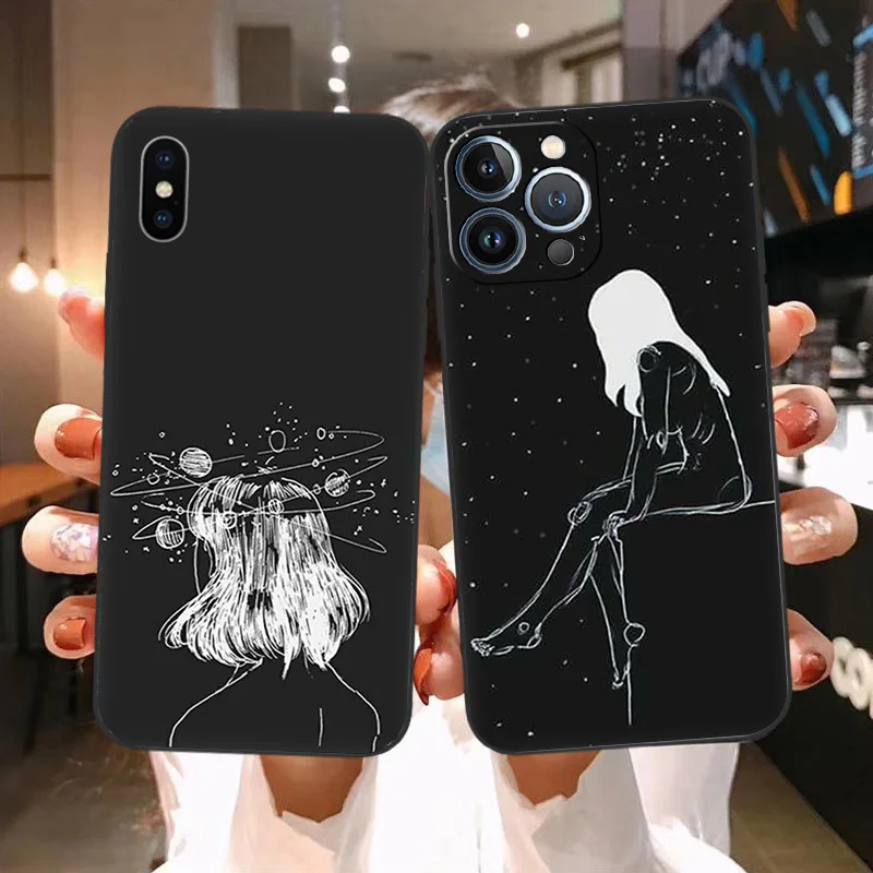 Мягкий чехол для телефона Apple iphone 14 Plus XS 13 Pro Max 12 Mini 11 SE XR X 7 8 6 6S 14Pro девушка ночь