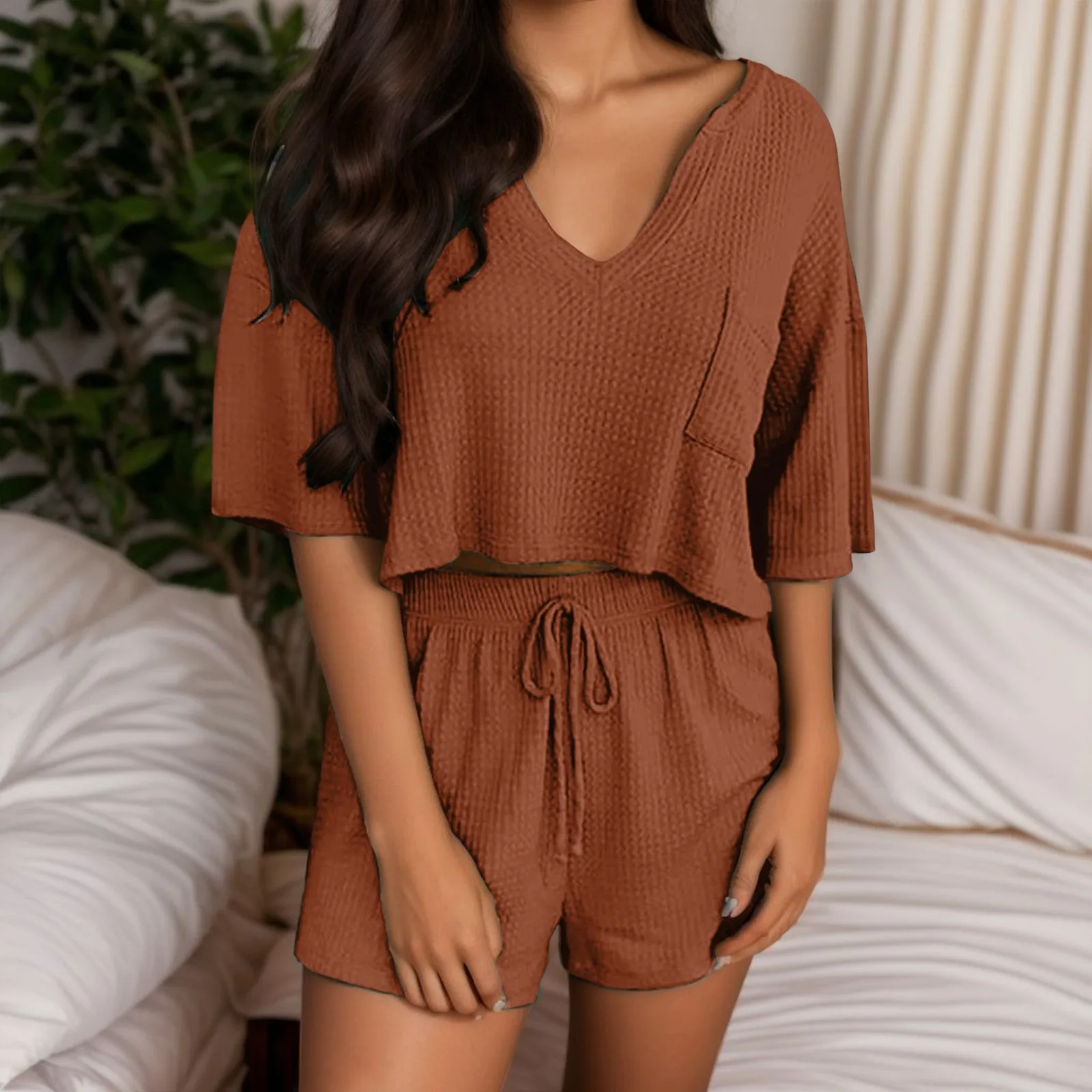 Women Short Sleeves Sets Fashion Knit V Neck Loose Crop Top With High Waist Shorts 2 Pieces Set Leisure Comfy Plus Size Outfits 1