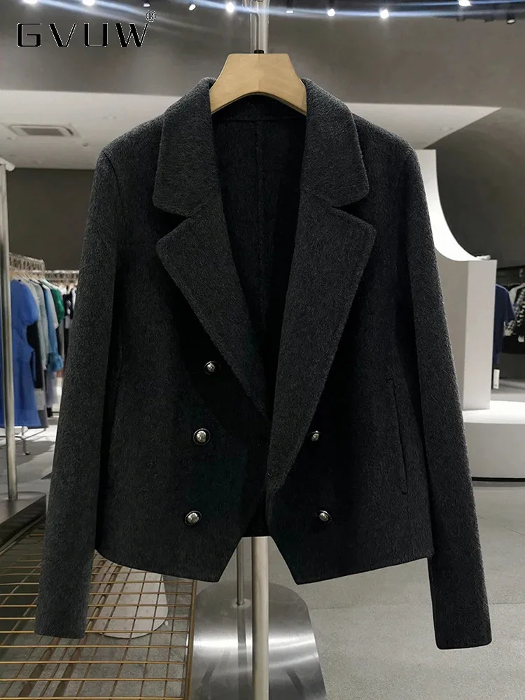 GVUW модные короткие шерстяные пальто с лацканами женские двубортные длинными