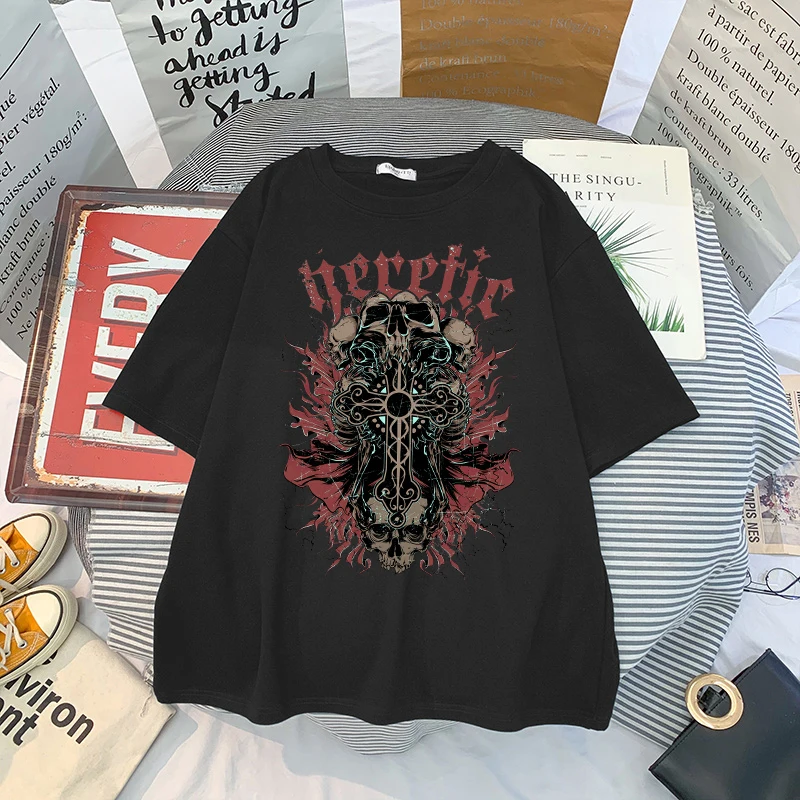 

Summer MenT Shirt Horror Skull Loose T shirt Punk Streetwear Gothic Short Sleeve Casual Cotton O-Neck Large Size T shirt