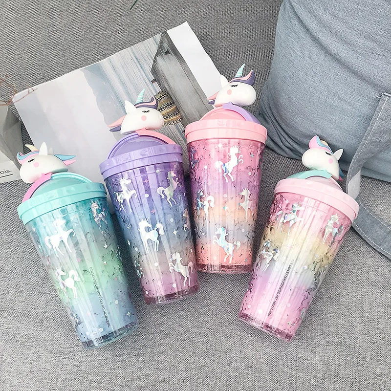 

Portable Stylish Double Straw Unicorn Ice Cup Summer Cold Drink Juice Coffee Water Cup Boy's Girl's Plastic Cups Novelty Gift