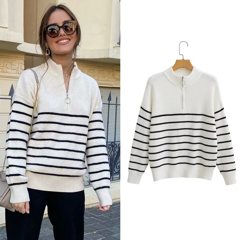 

SLTNX Fashion Striped O-Neck Pullovers Women's Sweater Female Vintage with Zipper Long Sleeve Knit Pullover Sweaters knitwears