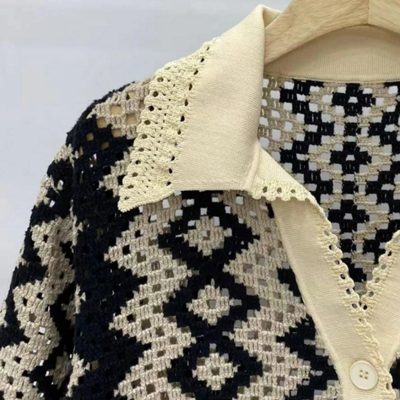 

2023 Summer New Rhombic Knitted Single-breasted Cardigan Women