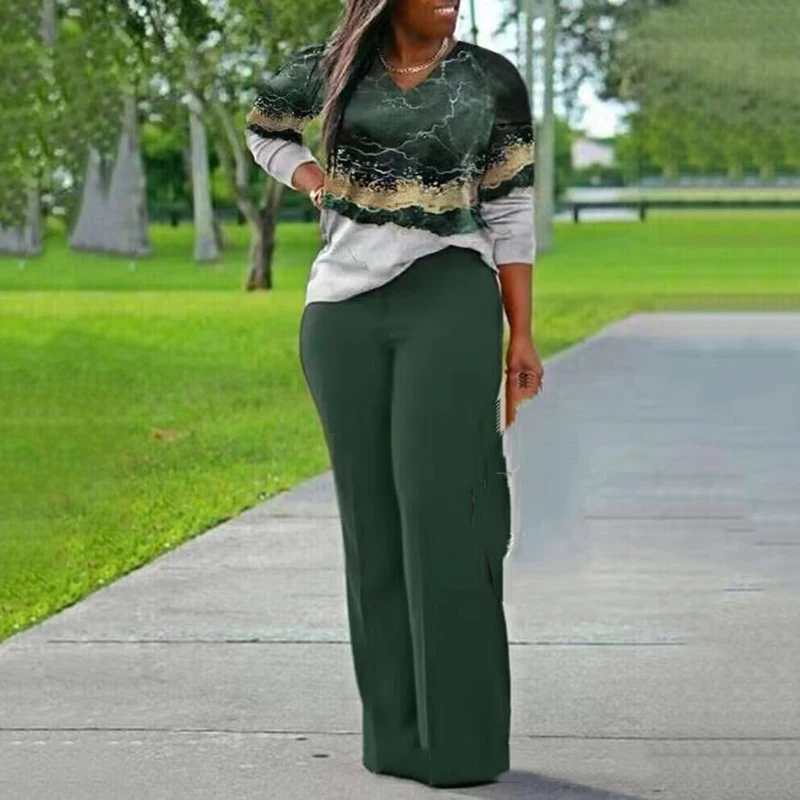 

Casual Women Long Pants Sets Fashion Vintage Tie Dye Long Sleeve Tops and Solid Wide Leg Pants Suits Office Ladies Two Piece Set
