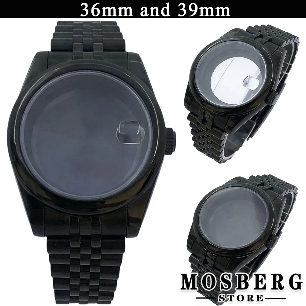 Black 36mm 39mm Watch Case Sapphire Glass Stainless Steel For NH35 NH36 ETA2824 2836 Miyota8215 8205 821A PT5000 ST2130 Movement