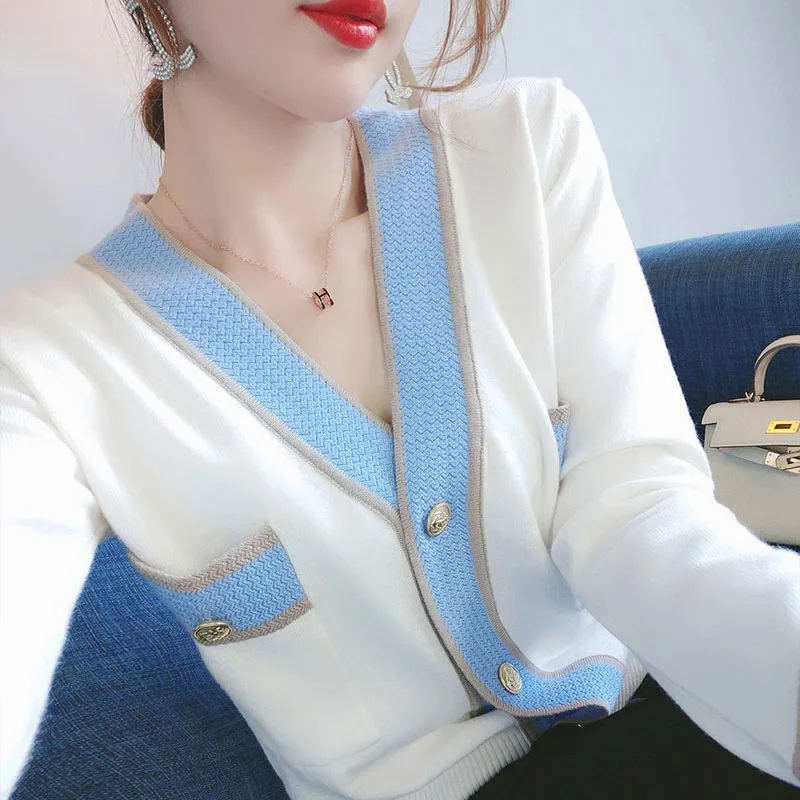 

Sweaters Women's Slim fit Coats 2022 Autumn Knitted Single Button Splicing V-Neck Cardigan Jumper Jerseys Short Sweater Woman