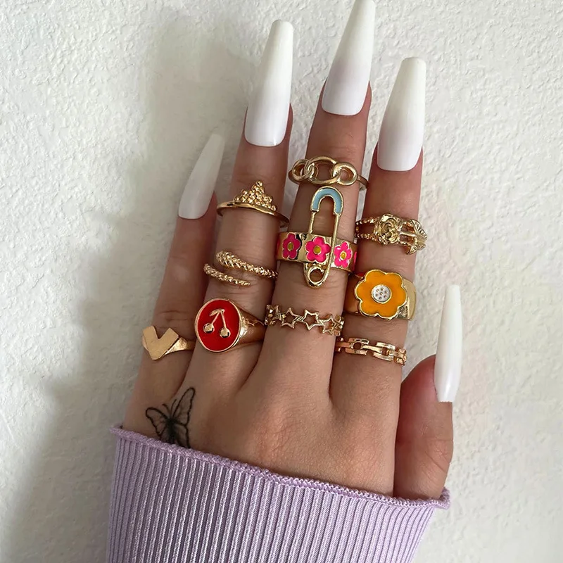 

Ring Set Colorful Flower Cherry Snake Star Knuckle Ring 10 Piece Set Women's Jewelry Minimalistic Ring Fashion Jewelry 2022