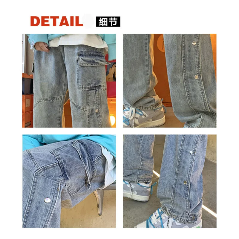 Fashion High Street Washed Jeans Men's Vintage Loose Spring Hong Kong Style Street HIP HOP Straight Casual Pants Men Clothing
