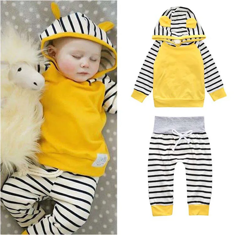 

Spring Fall Fashion Casual 2PCS Toddler Baby Girls Boys Long Sleeve Hooded With Ears Pullover Striped Yellow Short Top Pant