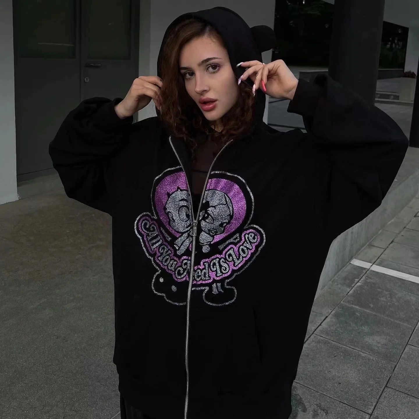 

Winter New Flash Powder Cute Little Bear Ear Cartoon Pattern Letter Print Women's Loose zipper Hoodies Y2K Lazy Style Coat