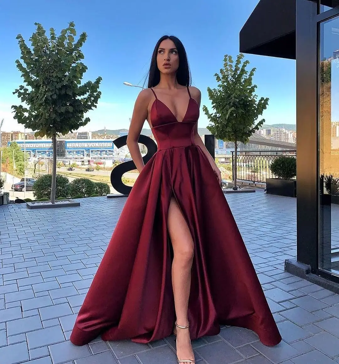 

Sapmae V-neck Sexy Sling Vent Floor Skirt A-Line Belt Summer For Women Prom Dress All Occasion Evenning Simple