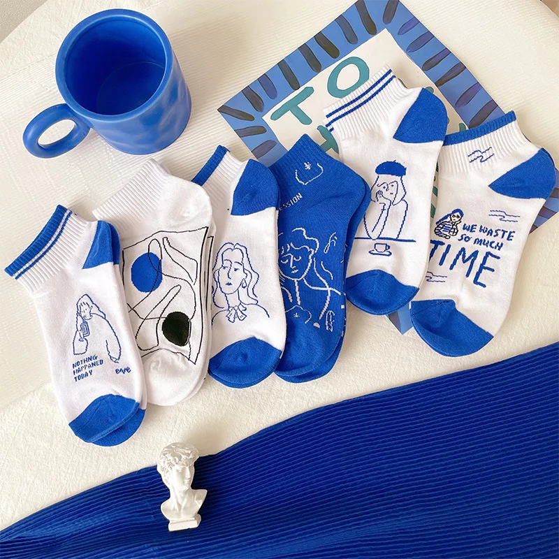 

Men Socks 6 Pairs Cartoon Cotton Socks Funny Blue Boat Socks White Printed Socks Simple Sports Socks Fashion Women Low Top Socks