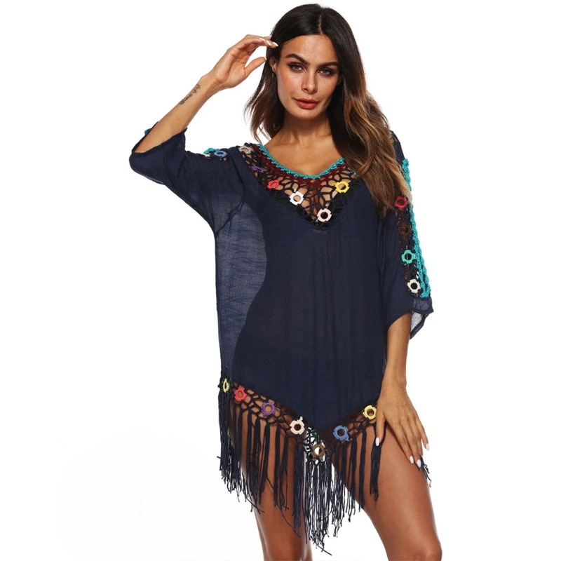 

Women Bathing Suit Swimsuit Cover Ups 3/4 Sleeve Sexy V-Neck Irregular Tassel Beach Dress Off Shoulder Floral Crochet Tops P8DB