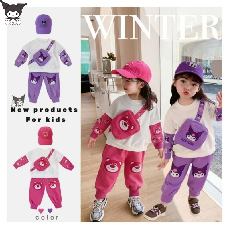 

Детский осенний милый костюм Sanrios с аниме Kuromi, Топ с длинным рукавом и штаны, комплект из 2 предметов, мультяшная женская спортивная одежда, Детский костюм