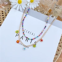 boho multicolor beaded necklaces for women bohemian gold color metal chain double layer handmade beads flower necklace jewelry