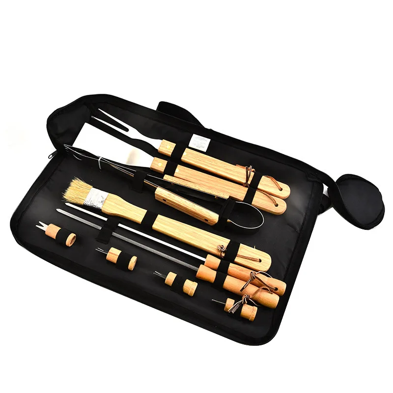 

10-Piece Wooden Handle Portable Baking Set BBQ Tools Barbecue Combination Baking Set