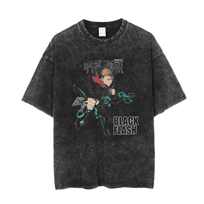 

Quality 100%Cotton Short Sleeve Jujutsu Kaisen Graphic Print T Shirt Vintage Washed T-Shirt Oversized Hip Hop Streetwear Top Tee